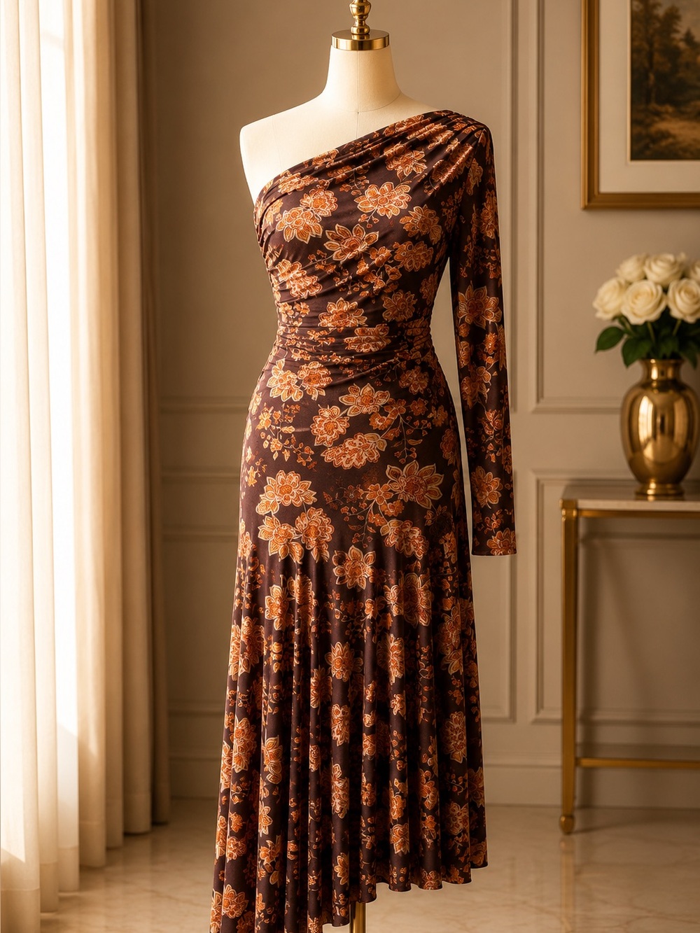 Taylor One-Shoulder Floral Midi Dress in Brown and Orange